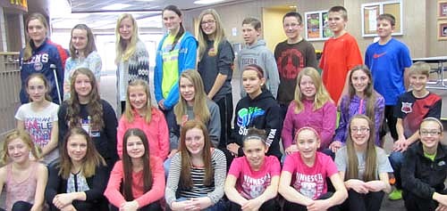 Stewartville Middle School students who earned a 4.0 grade point average on a 4.0 scale for the second quarter of the 2014-15 school year include, front row, from left, Isabel Field, Savannah Davis, Jaidyn Brower, Emilie Rupprecht, Anna Buckmeier, Lily Welch, Emma Johnston and Emily Kruger. Second row, from left, Rachel Husgen, Maggie Beach, Sarah Oeltjenbruns, Maddy Hagstrom, Haley Wangen, Tessa Lanzel, Alyssa Jones and Noah VandeLoo. Back row, from left, Madalyn Ostby, Maria Goff, Ellie Fryer, Emily Schlechtinger, Sydney Clausen, Gabe Nelson, Ethan Humble, Zack Gulbranson and Ben Trenary. Also, Annabelle Jorgensen, another 4.0 student, is not pictured.