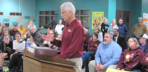 About 130 residents attended an open hearing last week to listen to allegations that Coach John Dzubay and his volleyball program violated a number of Minnesota State High School League bylaws. Here, Dzubay addresses the Stewartville School Board and administration.