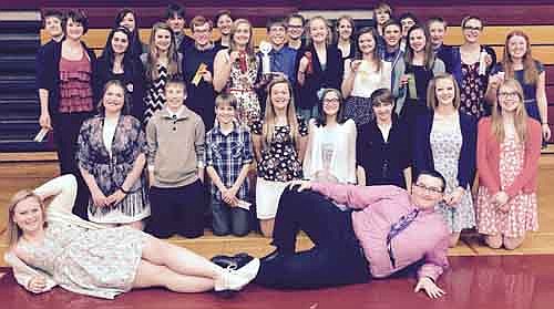 Stewartville High School's speech team placed second among 16 teams at the recent Chatfield Speech Invitational. Participants included, lying on floor in front, from left, Natalie Jaeger and Ethan Peter. Kneeling, from left, Diana Humble, Dylan Bauman, Noah Vande Loo, Annabelle Jorgensen, Kaileigh Weber, Paige Pettit, Hannah James and Kyanne Hilger. Standing in the back two rows, from left, Matthew Pierick, Haley Wojtkiewicz, Ahna Boe, Emily Majerus, Morgan Graff, Morgan Wildeman, Graham Mueller, Candi Quandt, Gabby Steinhoff, Derrick Fritz, Kayla Schlechtinger, Cecelia Gray, Jennifer Remling, Kaitlyn Claeys, James Beach, Brenndan Walton, Brandon Lange, Laura Pedelty, George Gray, Melanie Lex and Julia Lanzel. For details from the meet.