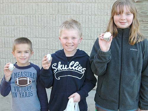 Scores of children took part in the annual Racine Lions Easter Egg Hunt in Racine on Saturday morning, April 4. Kids who won Wal-Mart gift cards for finding special silver eggs include, from left, Jesse Peterson, 6, of Racine, kindergarten and younger, who won a $50 gift card; Logan Vrieze, 8, of rural Racine, first through third grade, who won a $75 card; and Tessa Fox, 11, of rural Spring Valley, fourth through sixth grade, who won a card worth $100.