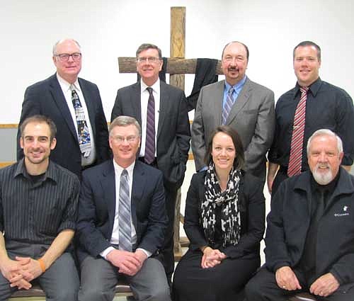 Pastors who took part in the annual Ecumenical Good Friday service at the Stewartville Community Center on Friday, April 3 include, front row, from left, Chad Skaran, Redemption Hill Church; Byron Meline, Zion Lutheran Church; Kim Cassidy, Zion Lutheran Church and Dave Hoot, Stewartville Christian Church. Back row, from left, Wane Souhrada, Stewartville United Methodist Church; John Grams, Grace Evangelical Free Church; Rick Scott, Stewartville Assembly of God Church and Andrew Langseth, Grace Evangelical Free Church.