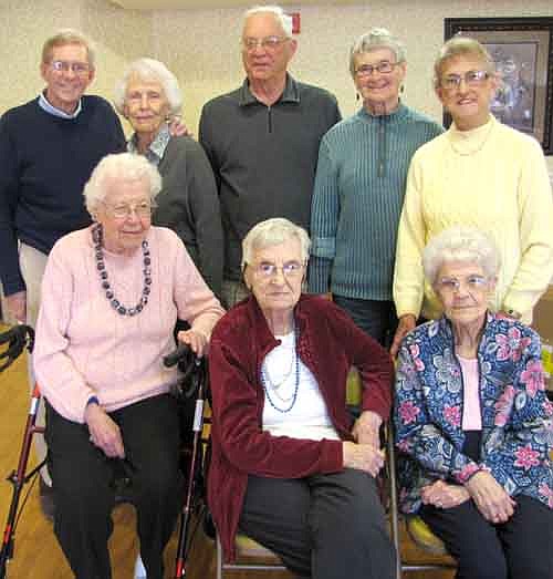 The original members of the Stewartvilla Auxiliary or Board who attended the annual volunteer luncheon at the Stewartville Care Center include, front row, from left, Alice Evenson, Maxine Taylor and Nadine Nickum. Back row, from left, Larry Gray, Gerri Gray, Bob Bergland, Millie Petersen and Alice Halvorson. Other members not pictured include Anneliese Laske, Ruth Pingree and Bea Raygor.
