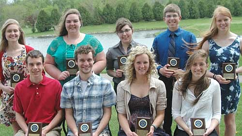 The Stewartville Lions Club honored its 2014-15 Stewartville High School Students of the Month with a luncheon at Riverview Greens Country Club last Thursday, May 7.  Students include, front row, from left, Jared Trisko, Sam VandeLoo, Caitlyn Hughes and Lauren Mikel. Back row, from left, Gabby Steinhoff, Olivia Oehlke, Lacey Ratajczyk, Derrick Fritz and Madisen Hart. Gordy Koehn of the Lions Club, the chairman of the Lions' Student of the Month program, was the master of ceremonies for the program that recognized the students.