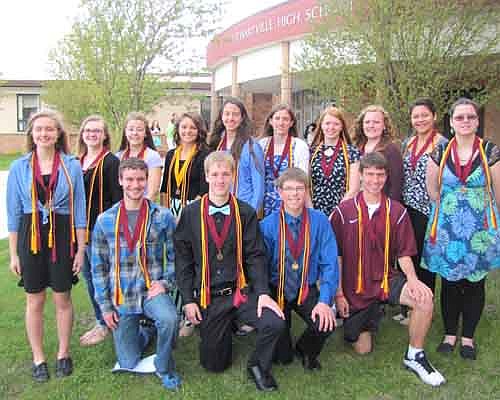 Fifteen students will graduate with highest honors when the Stewartville High School class of 2015 celebrates its commencement at the SHS gym on Friday, May 29. Highest honors graduates include, front row, from left, Sam VandeLoo, Jacob West, Derrick Fritz and Nathan Abbott. Standing from left, Gabrielle Steinhoff, Brooke Bosshart, Kaylee Muller, Meghan Schmitz, Lily Schimke, Lauren Mikel, Madisen Hart, Abigail Sistad, Grace Menchaca and Hannah Blomquist. Jared Trisko, another highest honors graduate, is not pictured. To graduate with highest honors, a student must maintain a cumulative grade point average between 3.90 and 4.0 throughout grades nine through 12.