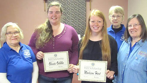 Olivia Oehlke, second from left, and Madisen Hart, third from left, seniors at Stewartville High School, have each earned a $400 college scholarship from the Stewartville Kiwanis Club. Kiwanis Club members with the students include, from left, Janice Hagen, Diane Bergland and Barb Howes.