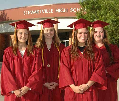 About 124 Stewartville High School graduating seniors will receive their diplomas at the annual commencement ceremony at the SHS gym this Friday, May 29 at 7 p.m. Class speakers for the evening will be, from left, Meghan Schmitz, Gabrielle Steinhoff, Emily Scruggs and Olivia Oehlke. Schmitz and Scruggs will speak together, while Steinhoff and Oehlke will give separate speeches. Sharon Prunty, senior class advisor, is impressed with this year's seniors. "This is a unique group of individuals who bring their own gifts and talents that give the class of 2015 an interesting personality," Prunty said. "It is a class that will do great things, but enjoy life as well."
