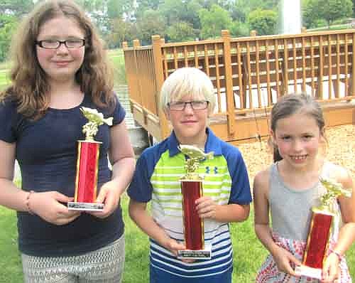 Three of the winners of the annual Fourth of July Summerfest Children's Fishing Contest included, from left, Raven Biffert of Winona, third place, ages 12-14; Trevor Baryenbruch, 9, of Barneveld, Wis., first place, ages 7-11; and Eva Biffert of Stewartville, third place, ages 7-11.