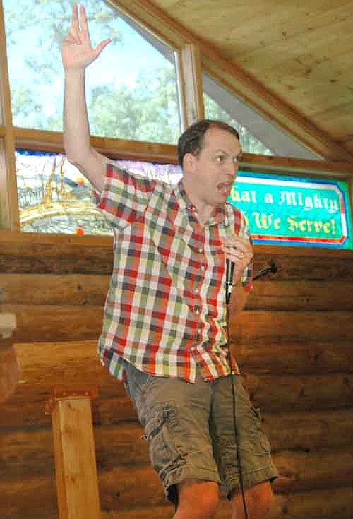 Daren Streblow, a comedian from Cloquet, Minn., left, entertained audiences at Ironwood Springs Christian Ranch on Saturday, July 25, and at an event hosted by Grace Evangelical Free Church at Florence Park on Sunday, July 26.