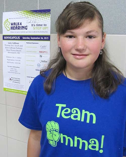 Emma Thomason, an eighth grader at Stewartville Middle School, is ready for the Walk4Hearing, scheduled to be held at Lake Calhoun in Minneapolis on Saturday, Sept. 26. Members of "Team Emma"&#8200;and other walkers will raise money for those with hearing loss.