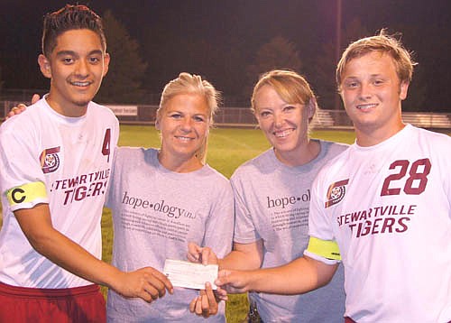 Stewartville boys soccer captains Gerardo Morales and Caleb Miller (above), presented a $1,000 check at the boys Parent Night games in September. Since 2013 the soccer program has been collecting cans and donations as a way to raise money to give back to the community. In 2015, the American Cancer Society was chosen for this cause and was represented by Jammie McGuire and&#160;Jenni Karau. The soccer program wants to thank all those who helped them provide such a large donation to help this cause.
