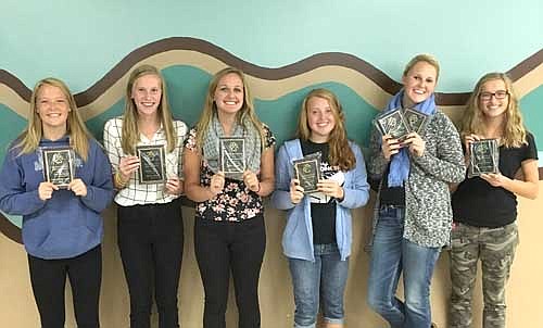 Top players of the 2015 Stewartville girls tennis team were honored at the recent end-of-the-season banquet. Earning awards were, from left,  Erin Fischer, Outstanding Leader Award, Sydney Becker, Sportsmanship Award, Kyra Boland, HVL All-Conference, Julia Lanzel, Will-to-Win Award, Mackayla Olsen, HVL All-Conference and Most Valuable Player, Sydney Clausen, Queen of the Court. Not pictured, Allison Birch, Most Improved Player award.