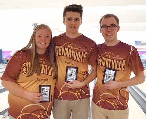 Three members of the Stewartville/Kingsland high school varsity bowling team were named to the Southeast West Division All-Conference team, including, from left, Ariel Engel, SWD All-Conference Honorable Mention; Derek Krenke, SWD All-Conference; and Justin Kime, SWD All-Conference and Most Outstanding Player Award.