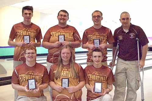 The Stewartville/Kingsland high school varsity bowling team captured its third consecutive Southeast Conference West Division championship with an 13-1 regular-season record at Hayfield on Oct. 31. The Tigers edged Rochester Mayo 3-2 with a one-pin (185-184) win in the final game, then kept momentum rolling with a convincing 4-1 victory over Byron/Kasson-Mantorville/Trition (BKMT) to claim the championship title. Stewartville/ Kingsland also won its second straight Southeast Conference West Division Rolloff Tournament in Rochester on Nov. 7, beating Rochester John Marshall 3-1, sweeping Rochester Mayo 3-0 while rolling past Austin 3-1 in the championship match. By winning the league championship, Stewie/Kingsland received an automatic berth to the Minnesota State Qualifying Bowling Tournament on Dec. 5. The Tiger varsity bowling team members are, kneeling, from left, Ridley Mullenbach, Ariel Engel, Hunter Jorgensen. Standing, from left, Derek Krenke, Ethan Peter, Justin Kime, Coach Jared Bushman.