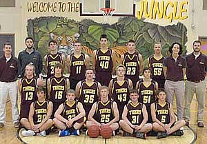 The 2015-16 Stewartville Tiger boys basketball team members are seated, from left, Carter Sveen, Jacob Hoerner, Bryce Fistler, Bailey Arneson, Sam Barnes. Kneeling, from left, Tyler Smidt, Andrew Quandt, Mitch Sawyer, Kaleb Hamlin, Isaac Bussan. Standing, from left, Coach Tanner Kramer, Coach Mitch Miller, Nick Stahnke, Nik Theil, Carter Groski, Tate Horgen, Nate Sikkink, Coach Kasey Morlock, Coach Jon Severson.