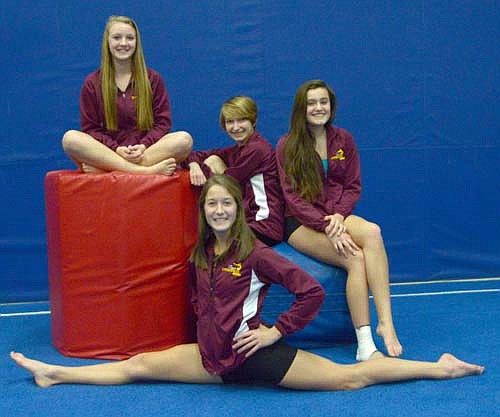 The 2015-16 Stewartville Tiger gymnastics letterwinners are, in front, Mariah Terhaar. Seated, from left, McKenna Wheeler, Paige Pettit and Jessica Tilson.