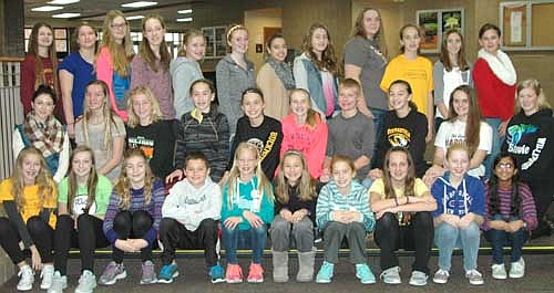 Stewartville Middle School students who earned a 4.0 grade point average on a 4.0 scale for the first quarter of the 2015-16 school year include, front row, from left, Gloria Nelson, Ireland Broadwater, Olivia Field, Cole Jannsen, Sarah Watters, Violet Nelson, Lauren Buckmeier, Brianna Ramaker, Lydia Fryer and Anushka Mishra. Second row, from left, Savannah Davis, Annabelle Jorgensen, Isabel Field, Lily Welch, Anna Buckmeier, Kailee Malone, Gabe Jones, Emily Kruger, Sierra Robertson and Elizabeth Willenborg. Back row, from left, Jaidyn Brower, Maggie Beach, Kylie Jakobson, Madelyn Timm, Maddy Hagstrom, Emilie Rupprecht, Kylee Bro, Maya Krapf, Sam Oehlke, Rachel Husgen, Alyssa Jones and Kate Pedelty. Also, Payton Maas and Grace Waltman, two other students who earned 4.0 grade point averages, were not present when the photo was taken.