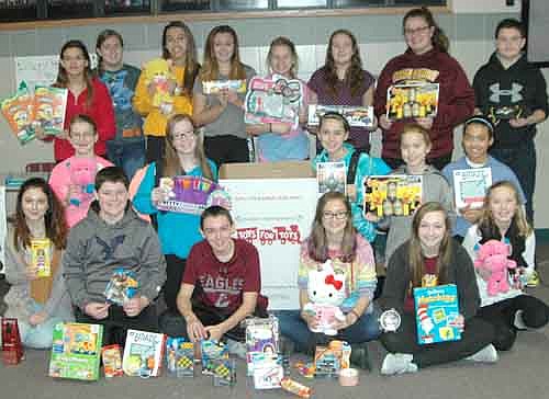 As of Thursday, Dec. 17, students at Stewartville Middle School had donated 155 toys to the Middle School Student Council's Toys for Tots drive. Student Council members who helped with the effort include, front row, from left, Savannah Davis, Isaac Harreld, Cayden Hughes, Kaileigh Weber, Ireland Broadwater and Bryttin Henderson. Second row, from left, Victoria Nienow, Kennedy Parker, Anna Buckmeier, Lauren Buckmeier and Penelopea Gordon. Back row, from left, Haley Wangen, Meghan Kosmala, Kaitlyn Prondzinski, Haylee Weightman, Grace Ramaker, Maya Krapf, Haylee Felt and Joseph Rusciano.