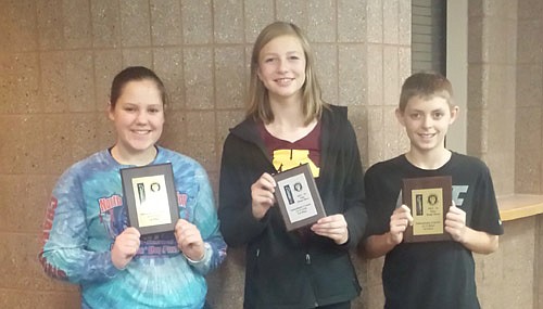 The winners of the annual Elks Hoop Shoot competition at Stewartville Middle School include, age 12-13 first place winners, from left, Shailee Nagel, 16 baskets in 25 attempts, Erin Lamb, 15 baskets in 25 attempts and Nolan Stier, 23 baskets in 25 attempts. Not pictured Ben Trenary, 19 baskets in 25 attempts.