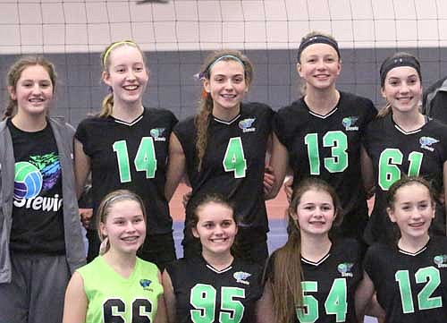 The Stewie 14 Blue JO volleyball team captured first place at the Crossfire 14's tournament at Bethel University on Jan. 10. Team members are, kneeling, from left, Madison Hagstrom, Sierra Robertson, Jaidyn Brower, Lily Welch. Standing, from left, Samantha Koenigs, Maddy Timm, Jolie Stecher, Erin Lamb, Hannah Brogan.