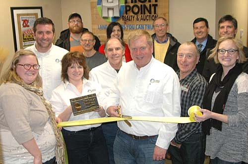An open house for Sunshine Sanitation and an ambassador visit for High Point Realty & Auction were held at 520 Main Street South on Wednesday, Jan. 20 from 4:30 p.m. to 7 p.m. Kevin and Jill Hart, owners of High Point Realty &&#8200;Auction, cut the ribbon and hold a Chamber plaque as they are welcomed by, front row, from left, Chamber Administrator Gwen Ravenhorst, Mayor Jimmie-John King and Chamber President Melissa Leuning. High Point employees in matching white shirts include Jacob Hart, left, and Dave Walch. Chamber members who were on hand to welcome the new business include, in back, from left, Ryan Ravenhorst, Al Chihak, Margaret Nelson, John Senjem, Troy Knutson and Jarett Jones.