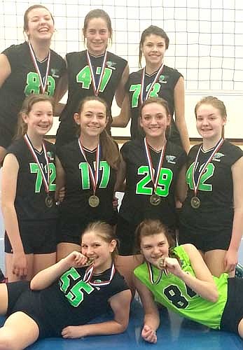 The Stewie 16 Green JO volleyball team captured third place bronze medals at the Frostbite Tournament on January 23-24 at the NVC in Rochester. Team members are, in front, Lauren Swenson (left) and Kienna Marshall. Kneeling, from left, Megan Giordano, Sam Stockman, Sophie Scruggs, Adriahna Hatz. Standing, from left, Lexis Tello, Abbie Noltee, Kate Tomlin. Not pictured: Lauren Horstmann.