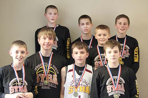 The SYBA seventh grade boys basketball team captured first place at the Braham tournament on Jan. 24 and captured first place in the "A" Division of the Lourdes tournament on Jan. 31. The recent tourney titles have earned the Tigers a record of 18-3 and a berth at the Border Battle tournament on Feb. 27. This is an invitation-only tournament with only elite teams from the upper Midwest competing. Team members are, front row, from left, Nolan Stier, Josh Buri, Kaleb Hellickson, Ben Trenary. Back row, from left, Trent Einertson, Parker Theobald, Bryce Rindels, Lane Sexton.