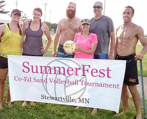 Eight teams competed in two brackets at the 2016 Summerfest Co-Ed Adult Sand Volleyball Tournament at Bear Cave Park on Saturday, July 2. The gold bracket championship team included members, from left, Lisa Flynn, Jenny Mundt, Matt Drucker, Gina Chiri-Osmond, Andre Osmond and Julian Greenup. Not pictured, Aric Swancutt.