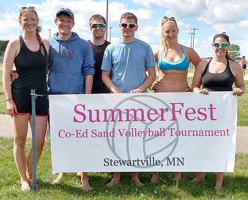 Eight teams competed in two brackets at the 2016 Summerfest Co-Ed Adult Sand Volleyball Tournament at Bear Cave Park on Saturday, July 2. The silver bracket championship team included members, from left, Bailey Bechtold, Nate Hanson, Trevor Priestley, Chad Close, Chelsie Bethke and Micaela Kempf.