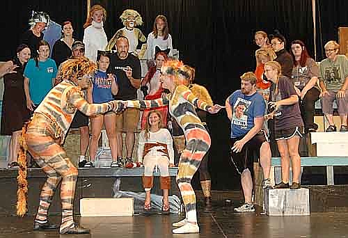 Mungojerrie (Kevin Torgerson), left, and Rumpleteaser (Lauren Keller) rehearse a comic dance, much to the delight of the rest of the cast during a dress rehearsal for Stewartville Community Education Theatre's "Cats," which will continue with three more shows at the SHS Performing Arts Center this Friday, Saturday and Sunday.