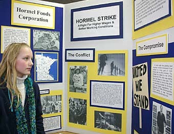 Stephanie Schmidt, a sixth-grader,  presented a report on the Hormel strike that started on April 17, 1985, when about 1,200 union workers walked off the job.  