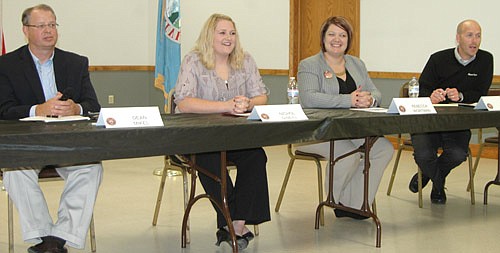 Candidates for Stewartville School Board who attended the Chamber of Commerce-sponsored forum on Thursday, Oct. 6 included, from left, Dean Mikel, Nichol O'Neill, Rebecca L. Wortman and Will Welch.