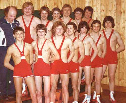 Carl Burns, above right, who was a very active early member of the Stewartville Wrestling Booster Club, officiates at a youth wrestling tournament in Stewartville in March 1983. Below, thanks to an AAU Cultural Exchange program, a German wrestling team visited Stewartville in February 1978.
