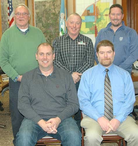 The Stewartville City Council held its first meeting of the new year at Stewartville City Hall last Tuesday evening, Jan. 10. Members include, front row, from left, Brent Beyer and Jeremiah Oeltjen, who were elected last Nov. 8 and who took the oath of office from Bill Schimmel Jr., city administrator, to begin four-year terms on the Council. In back, from left, are Councilperson Dick Uptagrafft; Mayor Jimmie-John King, who was re-elected to a third term last Nov. 8 and who took the oath of office for another four-year term, and Councilperson Craig Anderson.