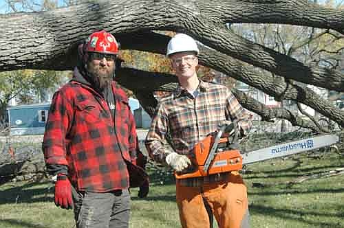 Zachary Lechner, a Stewartville dentist, right, holds the chain saw he used to help clear a black walnut tree at the site where his new dental office will be built starting next spring. David Weinhold, a local arborist, stands at left.