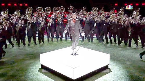 With the University of Minnesota Marching Band in the background, Justin Timberlake performs at halftime of the Super Bowl game between the New England Patriots and the Philadelphia Eagles on Sunday, Feb. 4.  Carter Mintey, a 2017 graduate of Stewartville High School and a member of the U of M Marching Band, enjoyed being part of the event. "It was a once-in-a-lifetime experience, and I will never forget it," he said.