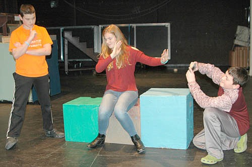 Tom (Jacob Ramp), left, explains how Jess (Olivia Field), center, and her dad's (Jacob Schimek), right, relationship comes to a breaking point during a rehearsal for the Stewartville Middle School production of 23 Reasons Not To Be In A Play. set to debut at the Stewartville High School Performing Arts Center this Friday, Feb. 16 at 7 p.m. Jess's dad's camera obsession becomes disastrous when he learns Jess has been cast in the school play.
