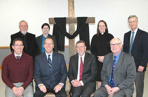 The Stewartville Ministerium hosted the annual Ecumenical Good Friday service at the Stewartville Civic Center on Friday morning, March 30. Participating ministers, each of whom spoke about some aspect of Jesus's passion, suffering and death, included, front row, from left, Lance Lorenz, Pleasant Grove Church of Christ; Paul Langmade and Dr. John Grams, both of Grace Evangelical Free Church; and Wane Souhrada, Stewartville United Methodist Church. Back row, from left, Dave Hoot and Becky Hoot, Stewartville Christian Church; along with Kim Kyllo and Byron Meline, both of Zion Lutheran Church.