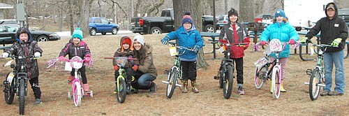 Children who won bicycles in a drawing at the Sons of the American Legion Easter Egg Hunt on Saturday morning, March 31 include, from left, Logan Podein, Brooke Zimmerman, Rhett Floen, Owen Lehrman, Zachary Zimmerman, Morgan Huber and Ethan Nagel.