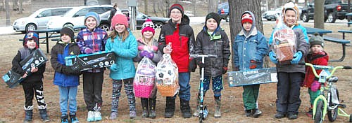 Children who won prizes in a drawing at the Sons of the American Legion Easter Egg Hunt at Florence Park on Saturday morning, March 31 include, from left, Gannon Chicos, Cal Hansen, Lillian Hansen, Kayla Hansen, Elsie Hinkle, Trenton Bradshaw, Corbin Boehm, Leo Pingree, Benjamin Werner and Stella Meyer.