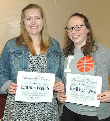 Emma Welch, left, and Bayli Henderson, seniors at Stewartville High School, were each honored as recipients of a $400 college scholarship from the Kiwanis Club at the annual Kiwanis breakfast at Tarsilla's last week. JoJo Welter, the other recipient of a $400 Kiwanis scholarship, is not pictured.