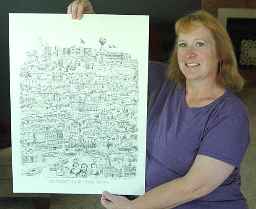 Bruce Loeschen, an artist who has crossed the country to draw montages of many American cities, businesses and schools, recently completed a finely detailed montage of the city of Stewartville. The Stewartville Band Boosters Club, which commissioned Loeschen to complete the montage in May, will sell 16-inch by 20-inch montage posters from an Arts in the Park booth at the Stewartville Area Chamber of Commerce's Summerfest celebration this Wednesday, July 4. The Band Boosters are considering using proceeds from the sale to purchase new band equipment and pay for future band trips. Deb Jones, a member of the Band Boosters Club, displays Loeschen's Stewartville montage.