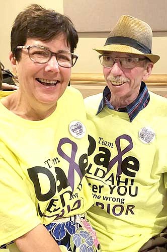 Dale and Joyce Meldahl smile brightly at the benefit for Dale at the Stewartville American Legion Post 164 and Strikers Corner on Saturday, June 23.