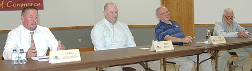 Stewartville City Council candidates who attended the Oct. 4 forum at the Stewartville Civic Center include, from left, incumbent Craig Anderson, challenger Josh Arndt, incumbent Dick Uptagrafft and challenger Daniel Ware. The Stewartville Area Chamber of Commerce hosted the forum.