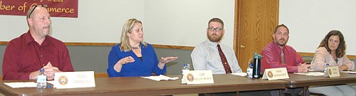 Stewartville School Board candidates who shared their views at the Oct. 4 forum at the Stewartville Civic Center include, from left, incumbents Todd Emanuel and Lori Miller-Beach; challengers Ryan Ravenhorst and Ethan Riggin, and incumbent Rebecca Wortman.