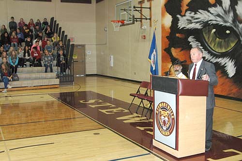 Mayor Jimmie-John King was the featured speaker at the annual Veterans Day program at the Stewartville High School gym on Friday, Nov. 9. King told a large audience of High School and Middle School students and their teachers that veterans are a symbol of what makes America great. "The willingness of America's veterans to sacrifice for our country has earned them our everlasting gratitude," he said.
