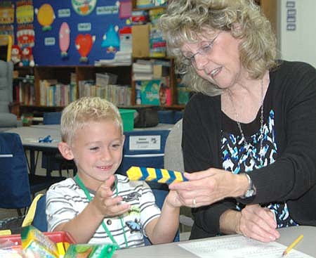 Carson Davis, an incoming kindergartner, met his teacher, Kathy Pinke-Thorson, at Bonner Elementary  School on Aug. 20.
